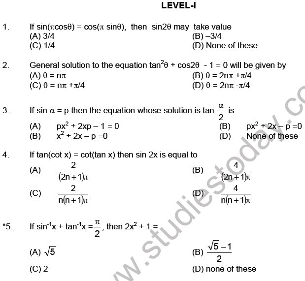 JEE Mathematics Trigonometric Functions MCQs Set B, Multiple Choice ...